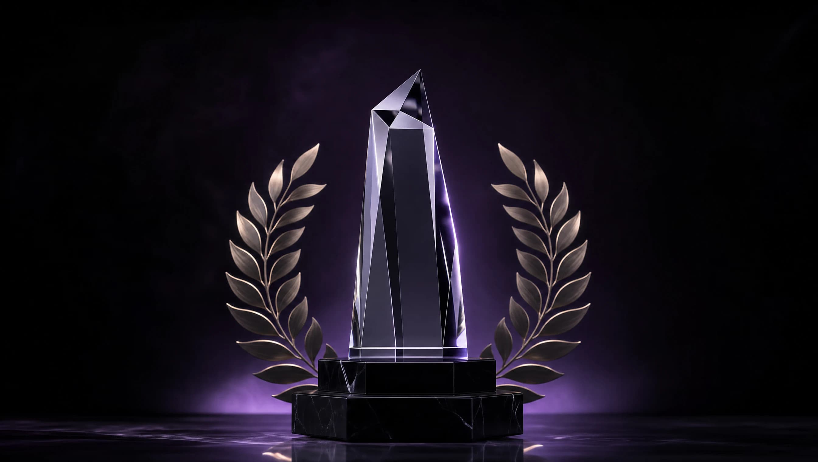 Abstract crystal recognition trophy with metallic laurel branches