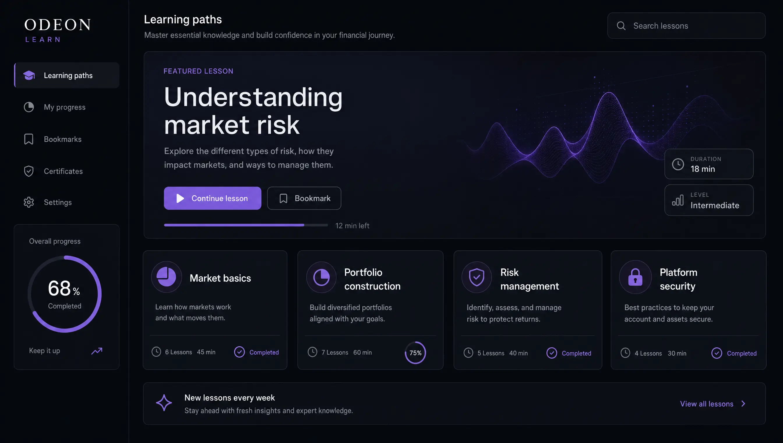 Illustrative Odeon Learn dashboard with learning paths, progress, and featured lessons